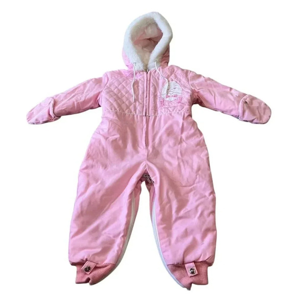 Vintage Pink Quilted Snowsuit with Humpty Dumpty Embroidered 12 Months Unisex - Picture 1 of 12